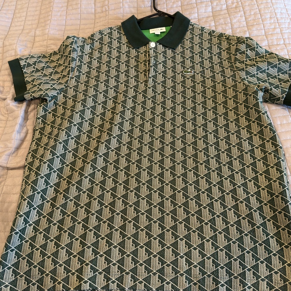 Lacoste Green and White Geometric Polo Shirt